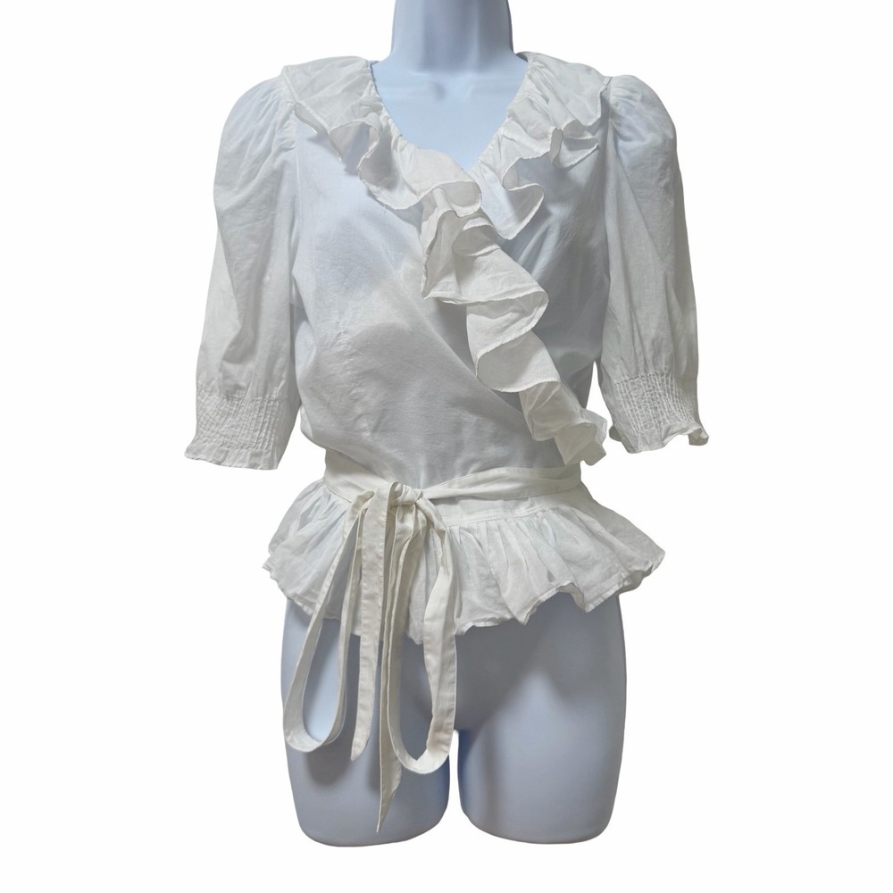 Polo Ralph Lauren Womens Wrap Ruffle Peplum Blouse Top Size M White Tie Waist